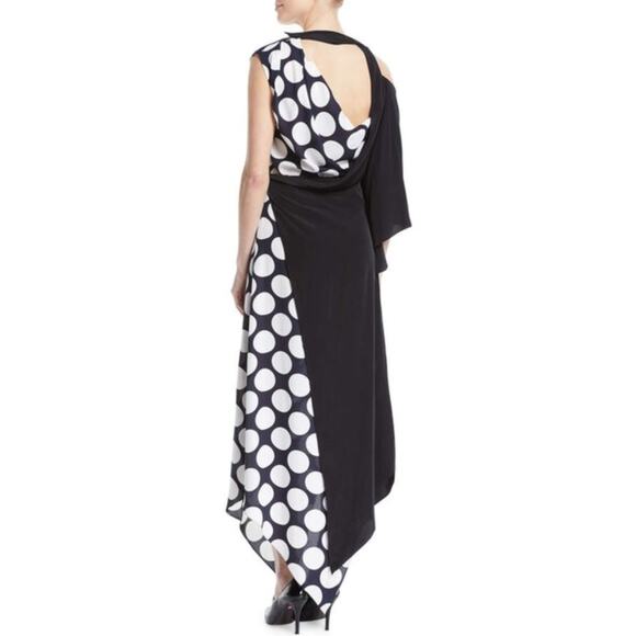 Awake A.W.A.K.E. V-Neck Draped One-Sleeve Asymmetric Polka-Dot Dress - Picture 15 of 15